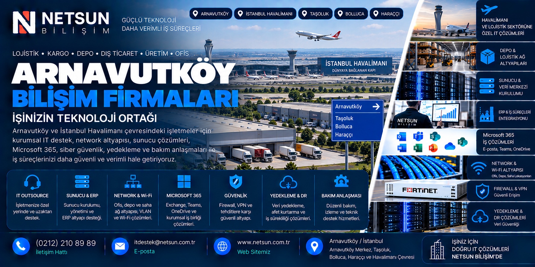 Arnavutköy İstanbul Havalimanı çevresi lojistik depo bilişim firmaları ERP server network Microsoft 365 ve IT destek - NETSUN Bilişim