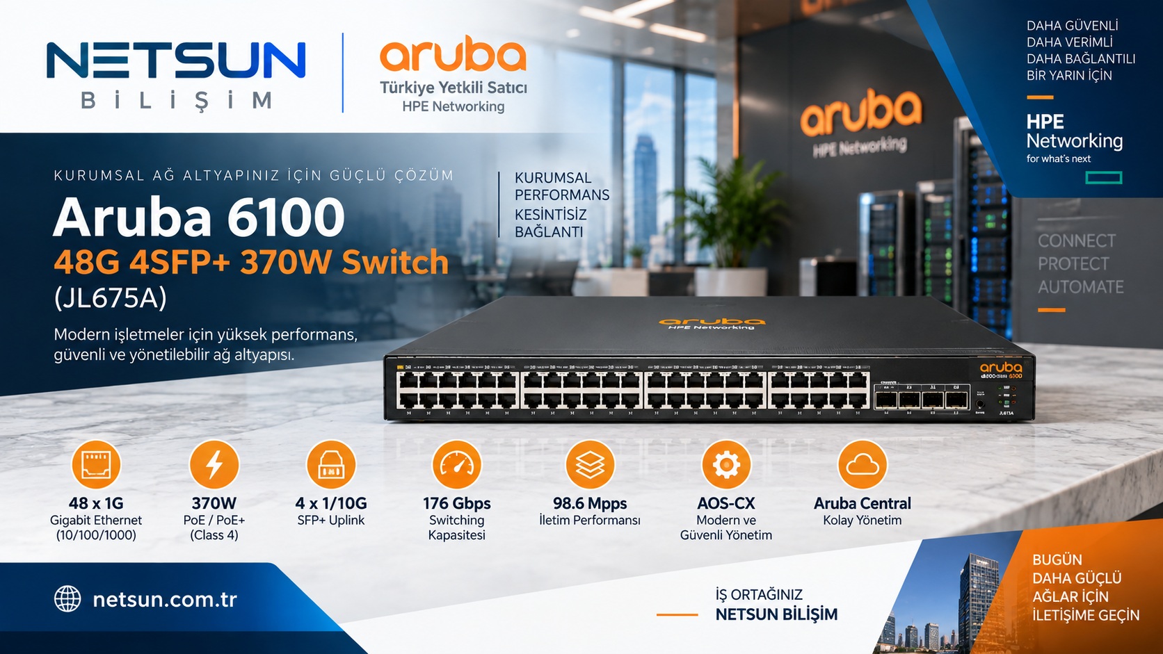 Aruba CX 6100 JL675A Aruba CX 6100 JL675A 48 port PoE+ switch - Netsun Bilişim Aruba Türkiye Yetkili Satıcı