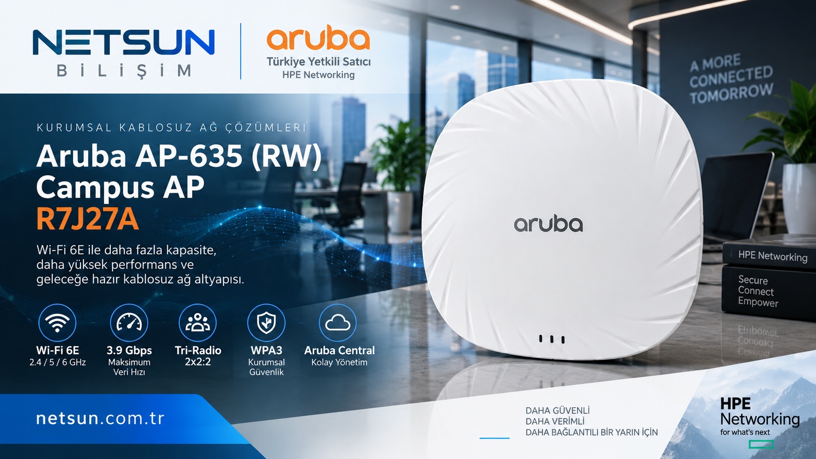 Aruba AP-635 R7J27A Wi-Fi 6E Access Point Aruba AP-635 R7J27A Wi-Fi 6E kurumsal campus access point - Netsun Bilişim