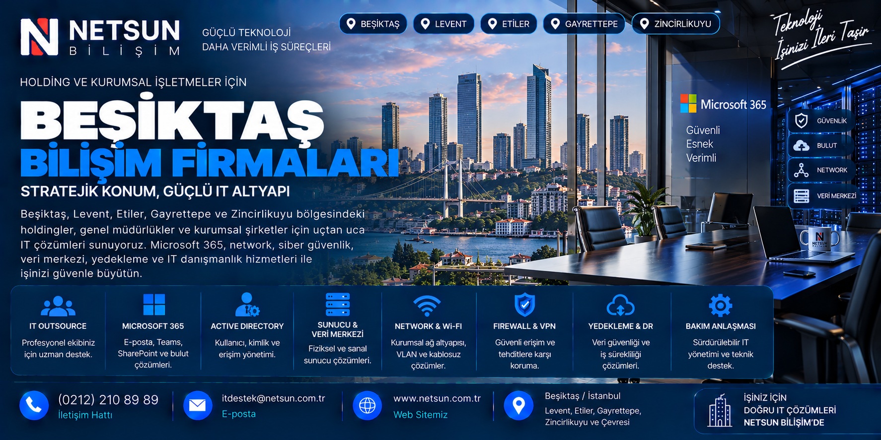 Beşiktaş bilişim firmaları, holding genel müdürlük IT outsource Microsoft 365 network server ve güvenlik çözümleri - NETSUN Bilişim