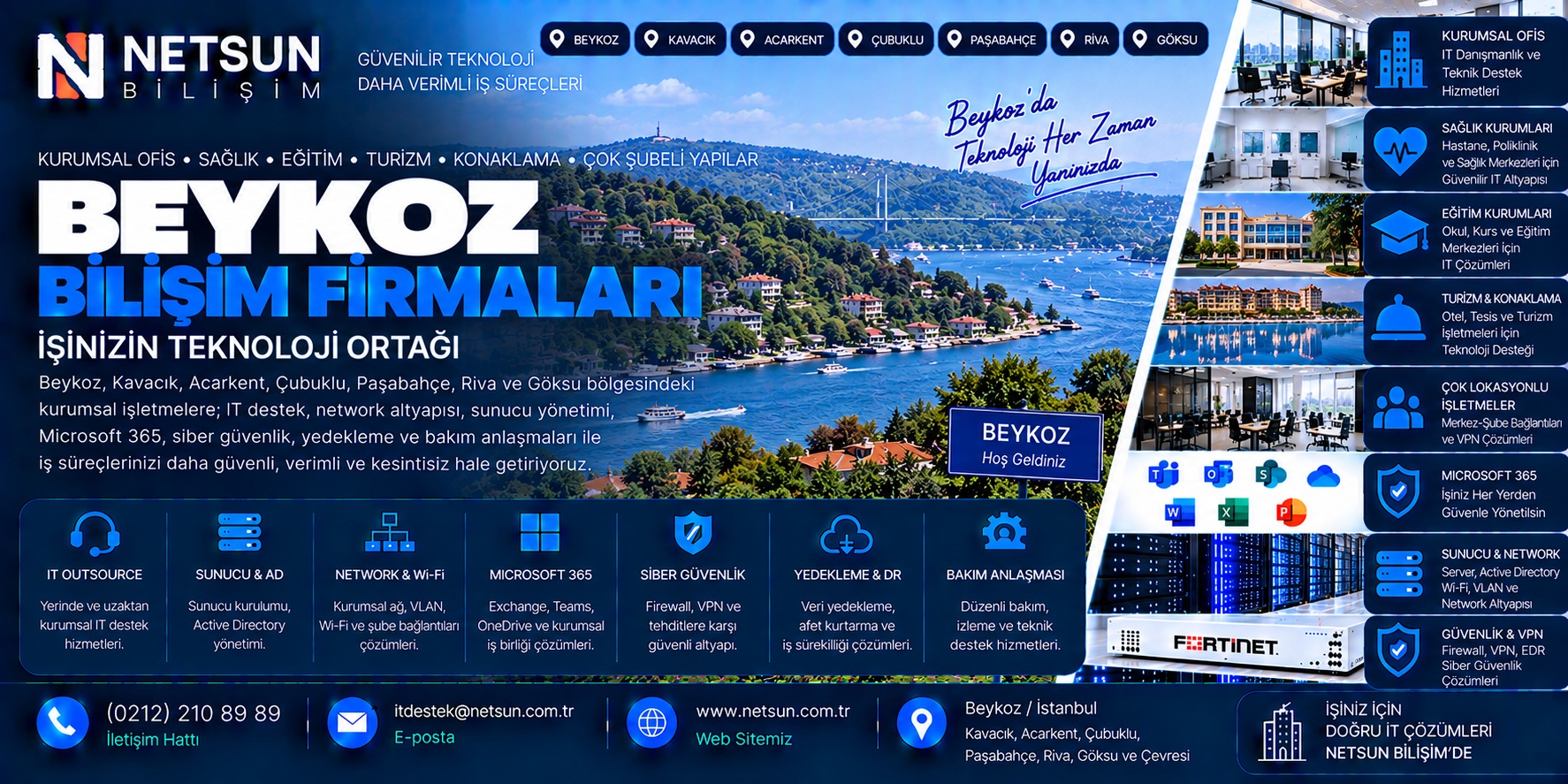Beykoz ve Kavacık bilişim firmaları IT outsource Microsoft 365 server Active Directory network Wi-Fi firewall ve bakım anlaşması - NETSUN Bilişim