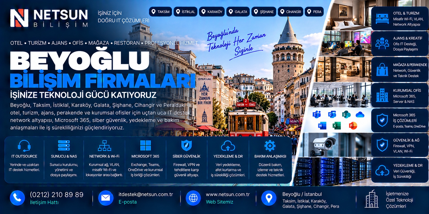 Beyoğlu Taksim Karaköy Galata otel ajans kurumsal IT destek Microsoft 365 Wi-Fi network ve güvenlik çözümleri - NETSUN Bilişim