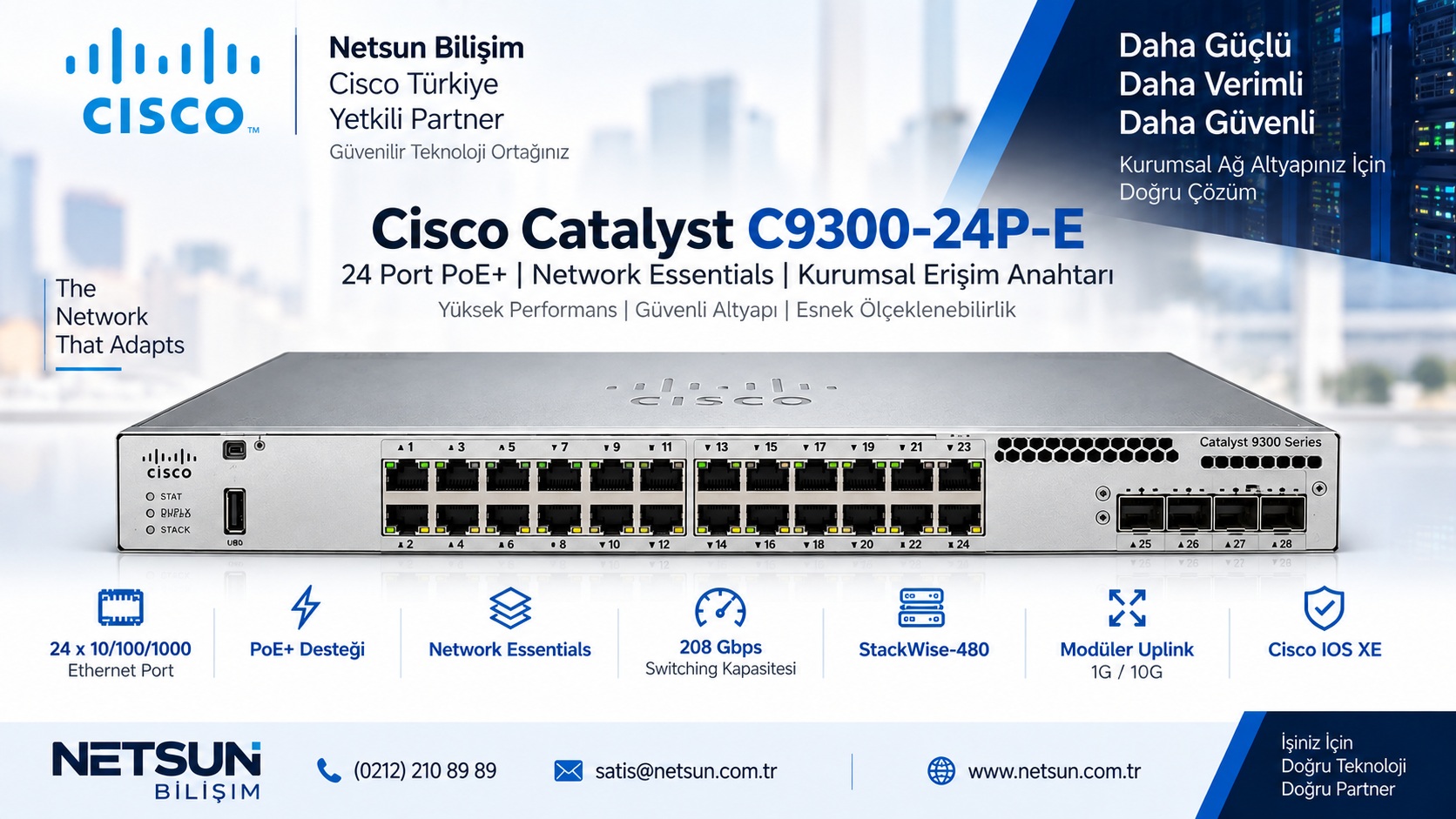 Cisco Catalyst C9300-24P-E 24 port Gigabit PoE+ Network Essentials switch NETSUN Bilişim