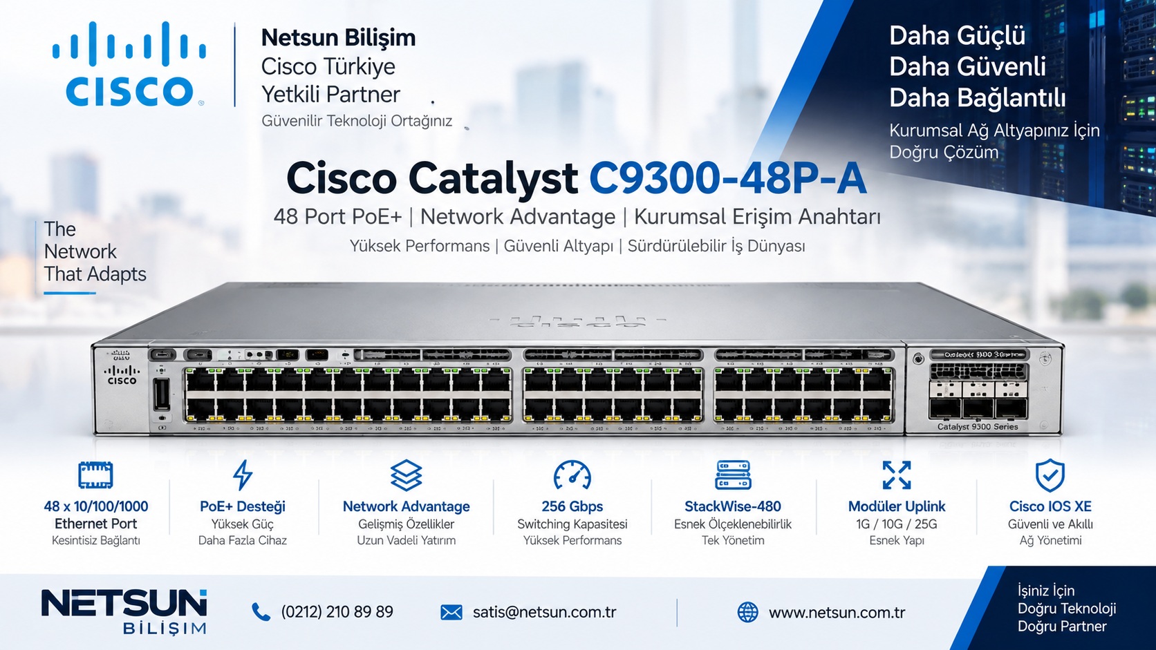Cisco C9300-48P-A PoE+ Switch Cisco Catalyst 9300 C9300-48P-A 48 port Gigabit PoE+ switch - NETSUN Bilişim