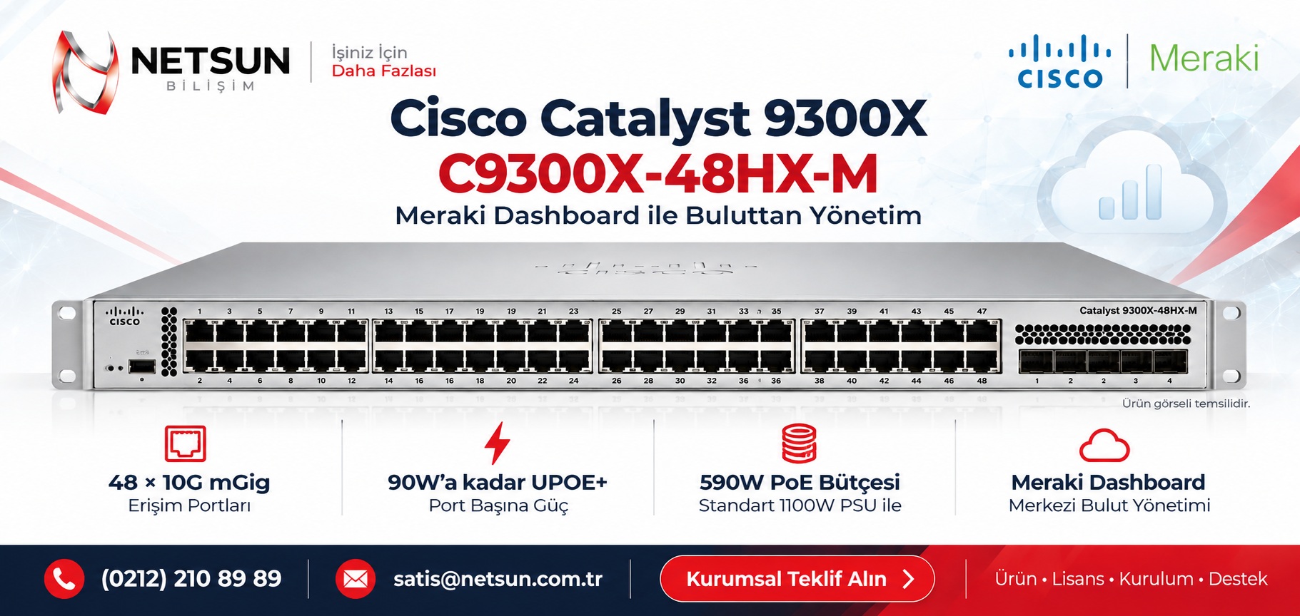 Cisco Catalyst C9300X-48HX-M Meraki yönetimli Multigigabit switch
