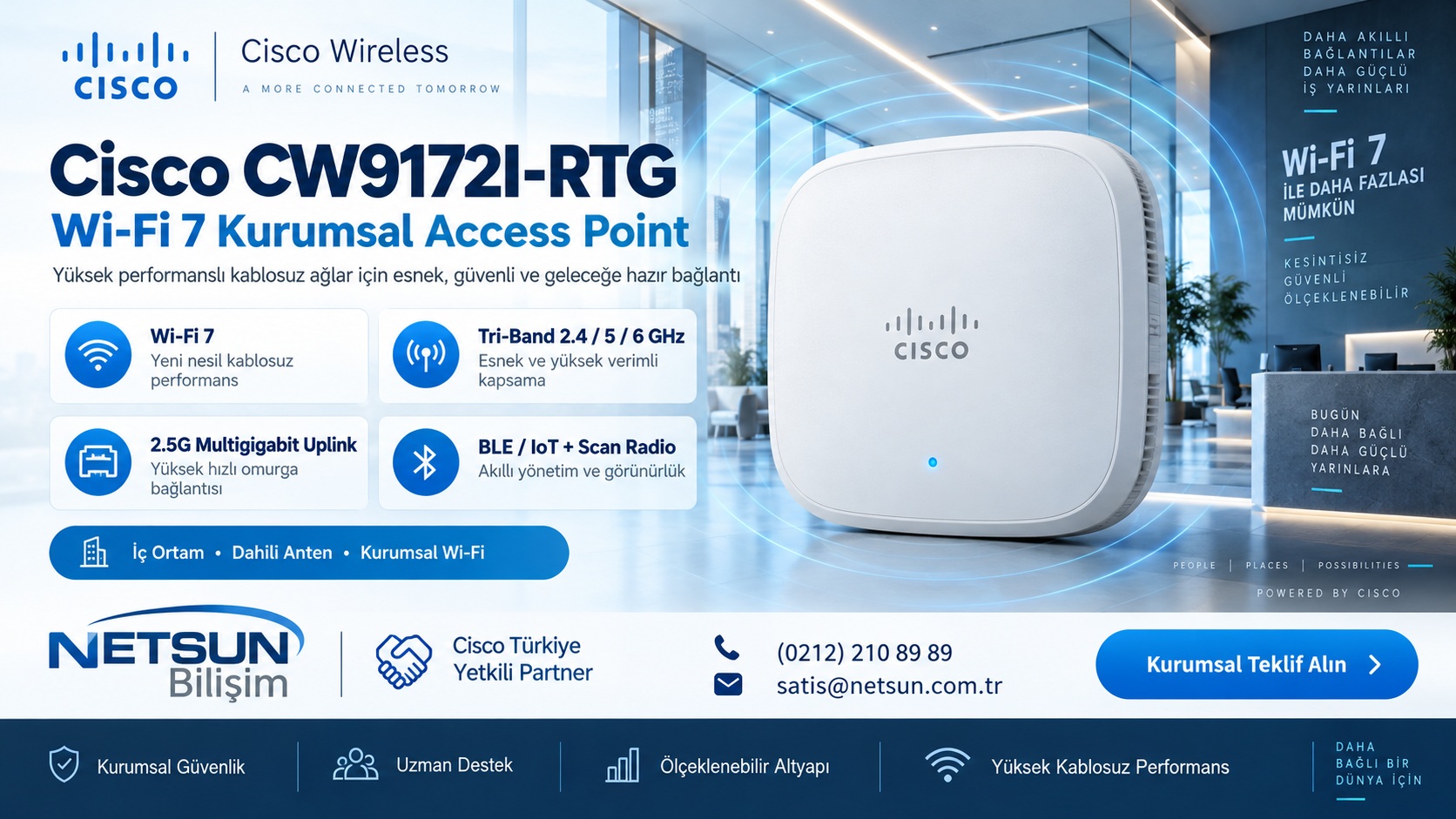 Cisco Wireless CW9172I-RTG iç antenli Wi-Fi 7 kurumsal access point NETSUN Bilişim