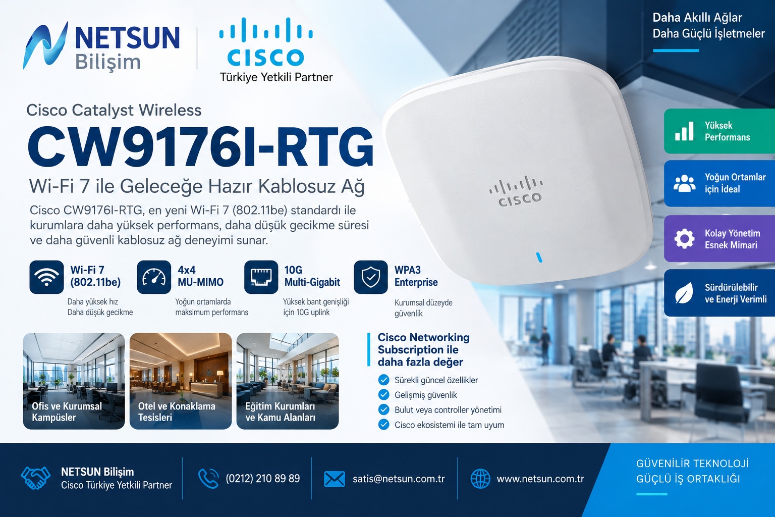 Cisco Wireless CW9176I-RTG iç antenli Wi-Fi 7 kurumsal access point NETSUN Bilişim
