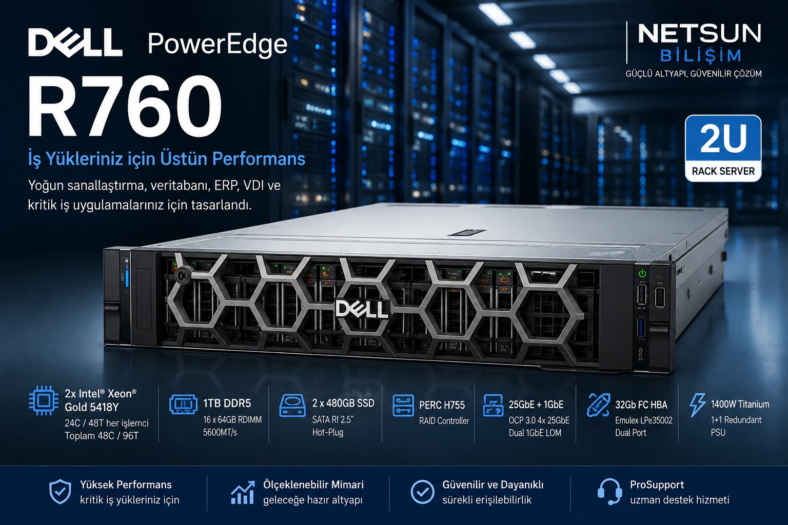 Dell PowerEdge R760 2x Xeon Gold 5418Y 1TB RAM rack sunucu