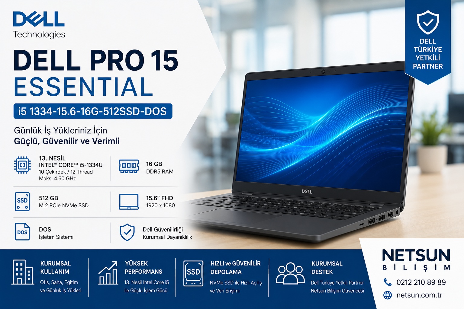Dell Pro 15 Essential i5-1334U 16GB 512GB SSD kurumsal dizüstü bilgisayar