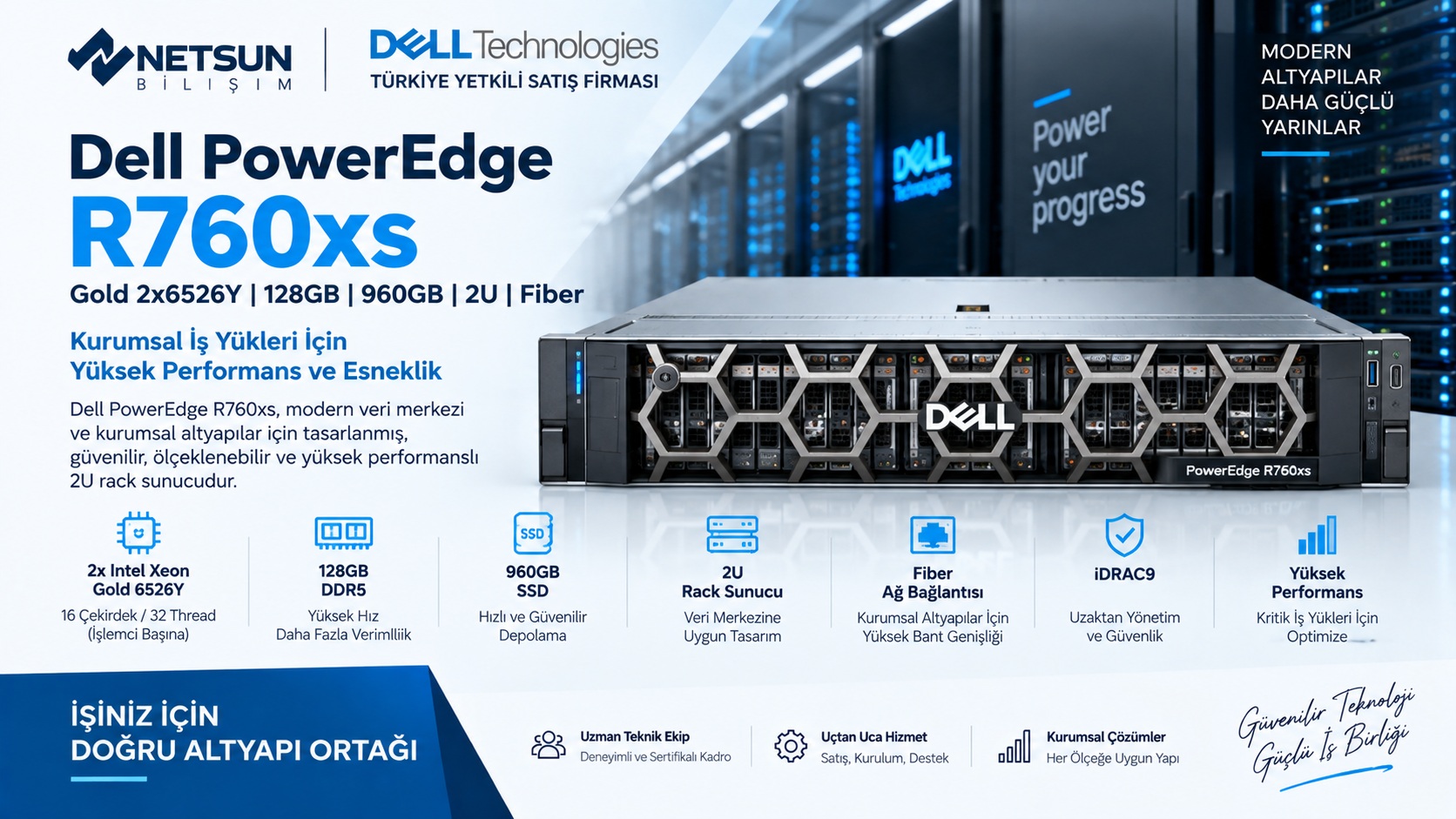 Dell PowerEdge R760xs Gold 2x6526Y 128GB 960GB 2U Fiber Sunucu - Netsun Bilişim