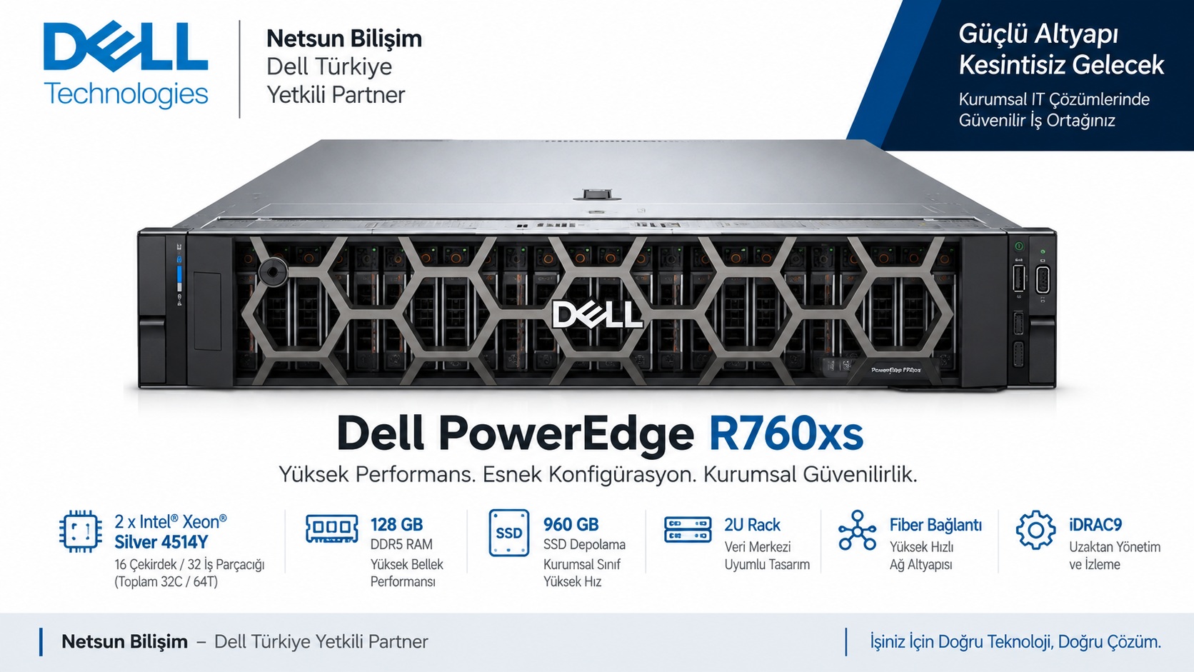 Dell PowerEdge R760xs 2U rack sunucu – 2x Intel Xeon Silver 4514Y, 128GB, 960GB konfigürasyonu için NETSUN Bilişim