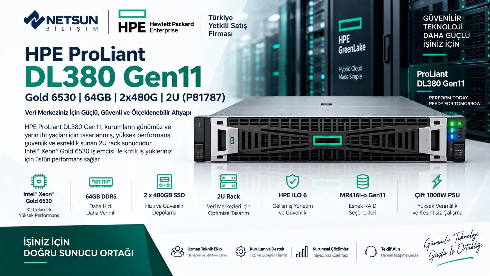 HPE ProLiant DL380 Gen11 Gold 6530 64GB 2x480GB SSD P81787-425 - Netsun Bilişim