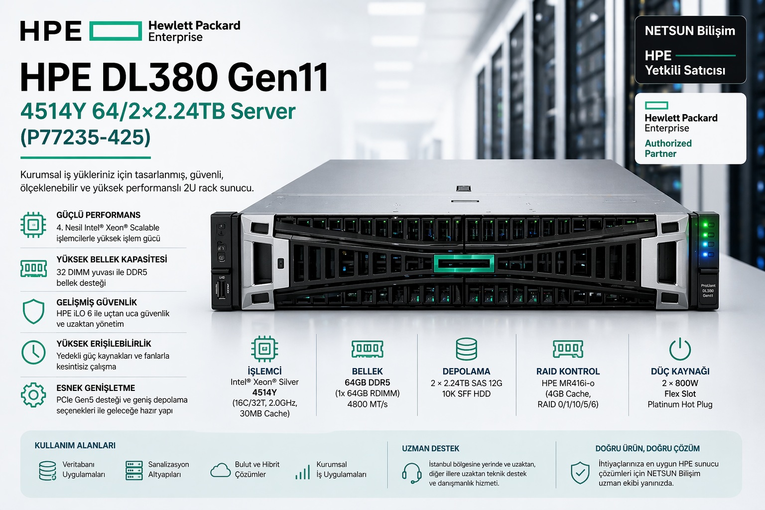 HPE DL380 Gen11 4514Y 64 2x2.24TB Server P77235-425 kurumsal sunucu görseli