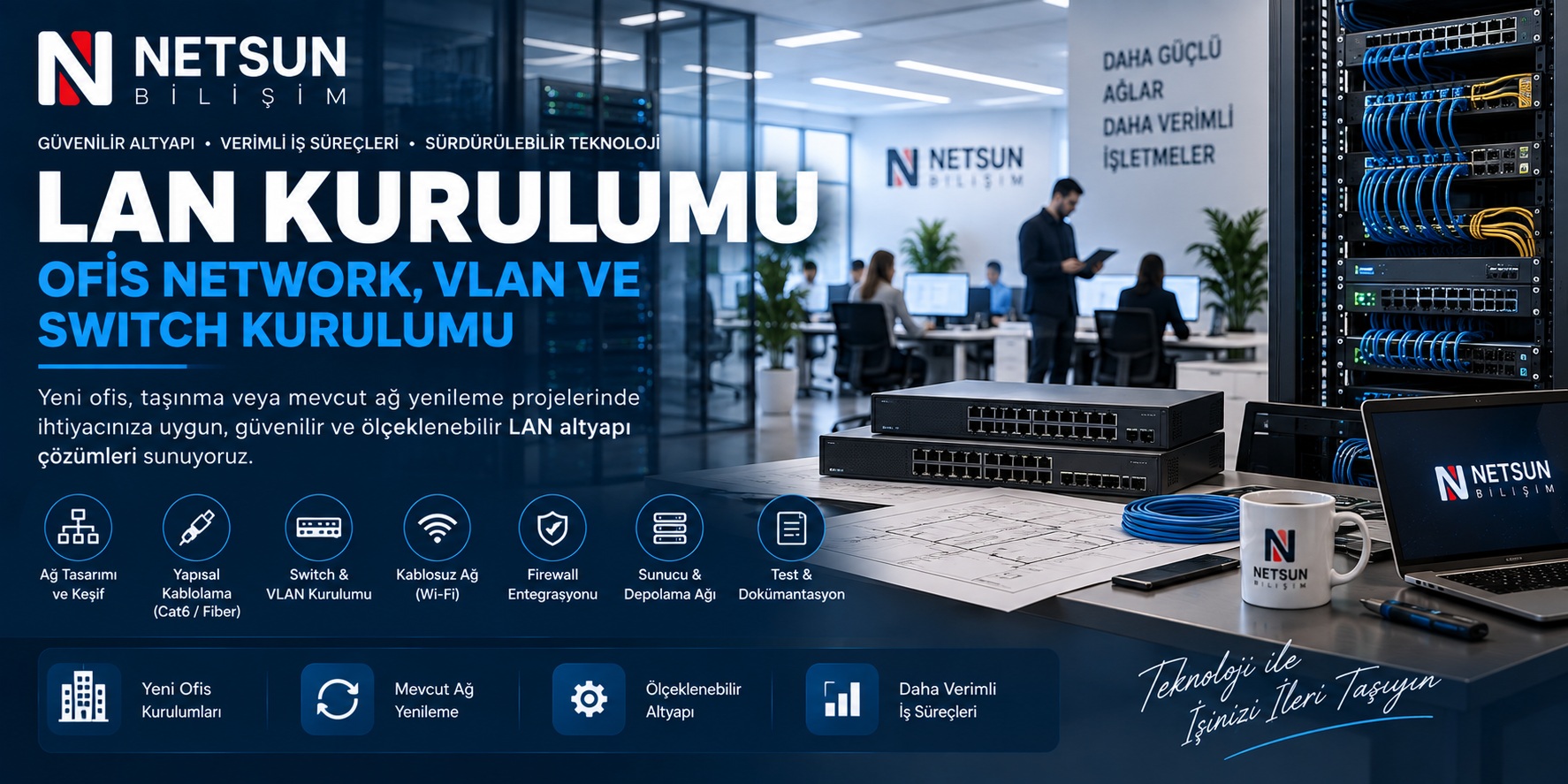 LAN sistem kurulumu, ofis network, switch, VLAN ve kablolama çözümleri - NETSUN Bilişim