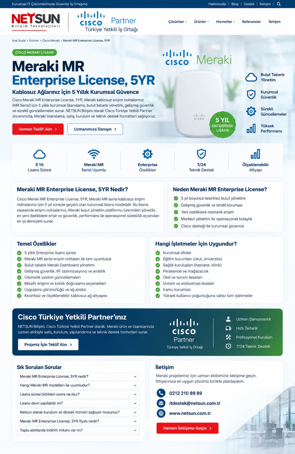 Meraki MR Enterprise License 5YR LIC-ENT-5YR Cisco Yetkili Partner NETSUN Bilişim