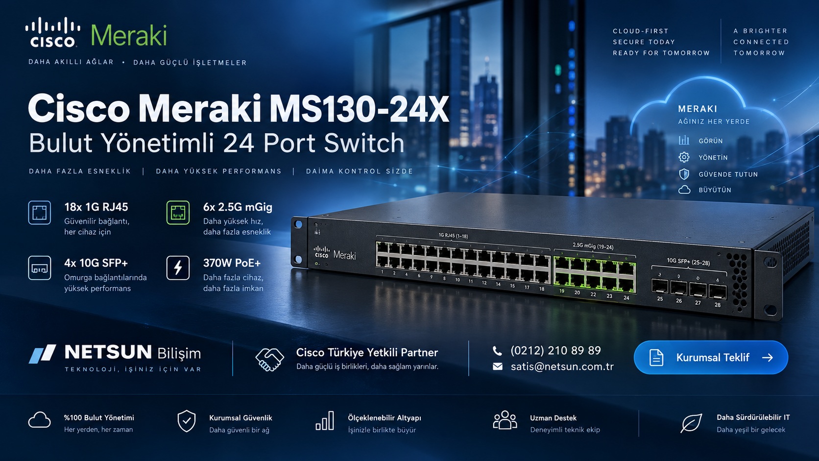 Cisco Meraki MS130-24X 24 port 2.5G PoE+ ve 10G SFP+ switch