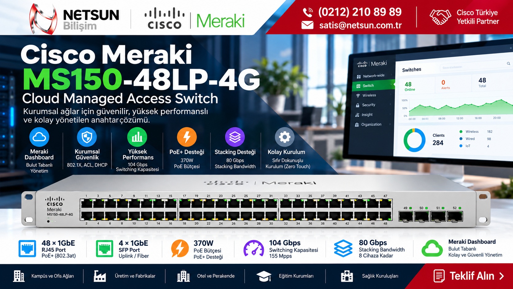 Cisco Meraki MS150-48LP-4G Cisco Meraki MS150-48LP-4G 48 port PoE+ switch NETSUN Bilişim