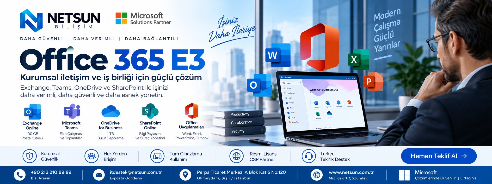 Office 365 E3 kurumsal lisans, e-posta ve Microsoft 365 uygulamaları