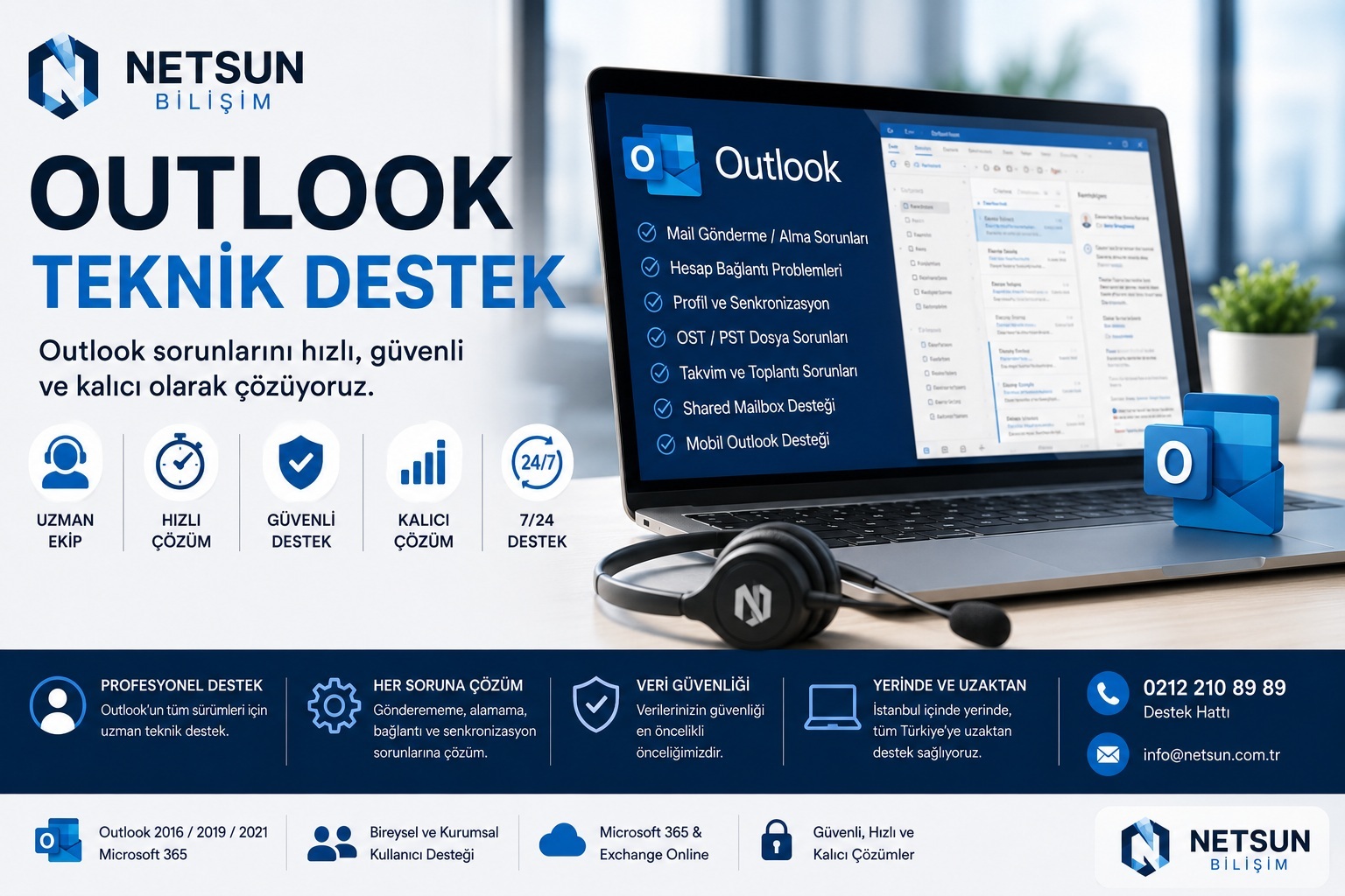 Outlook teknik destek Microsoft 365 Outlook mail sorunları NETSUN Bilişim