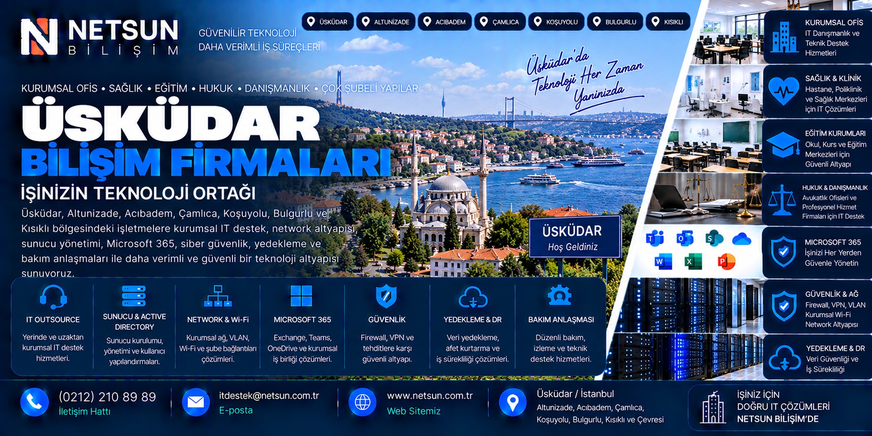 Üsküdar bilişim firmaları kurumsal IT outsource Microsoft 365 server Active Directory network Wi-Fi firewall ve bakım anlaşması - NETSUN Bilişim